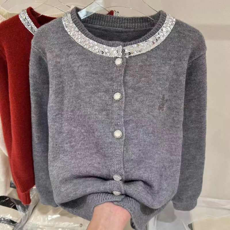 Women Knitted Cardigan Autumn and Winter Sequined Embroidered Knitted Cardigan Single-Breasted round Neck Sweater