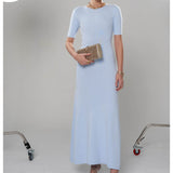 Women Dresses Summer round Neck Half Sleeve Dress Knitted Dress (Xds0414)