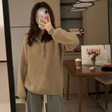 Women Knitted Pullover Autumn Zipper and Lapel Sweater Loose Long Sleeve Knitwear Top