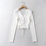 Women Sweater Knitwear Backless T-shirt Women's Summer V-neck Double-Breasted Short Midriff Outfit Bottoming Shirt