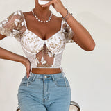 Women Party Tops Halter Perspective Butterfly Embroidered Suspender Mesh Vest
