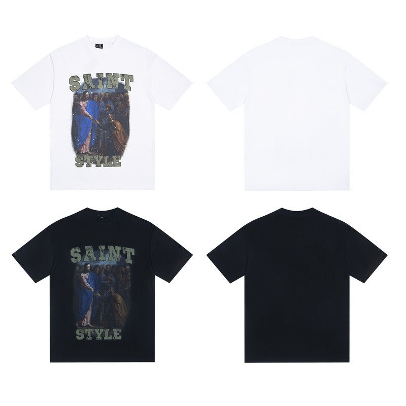 saint m t shirts s.m oil painting character graphic crew neck short sleeve top