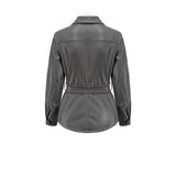 Women Leather Jacket Fall and Winter Lapels Long Sleeve Motorcycle Washed PU Leather Shirt Coat