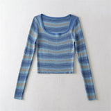 Women Sweater Knitwear Autumn Sexy Square Collar Striped Knitted T-shirt Long Sleeve Sweater
