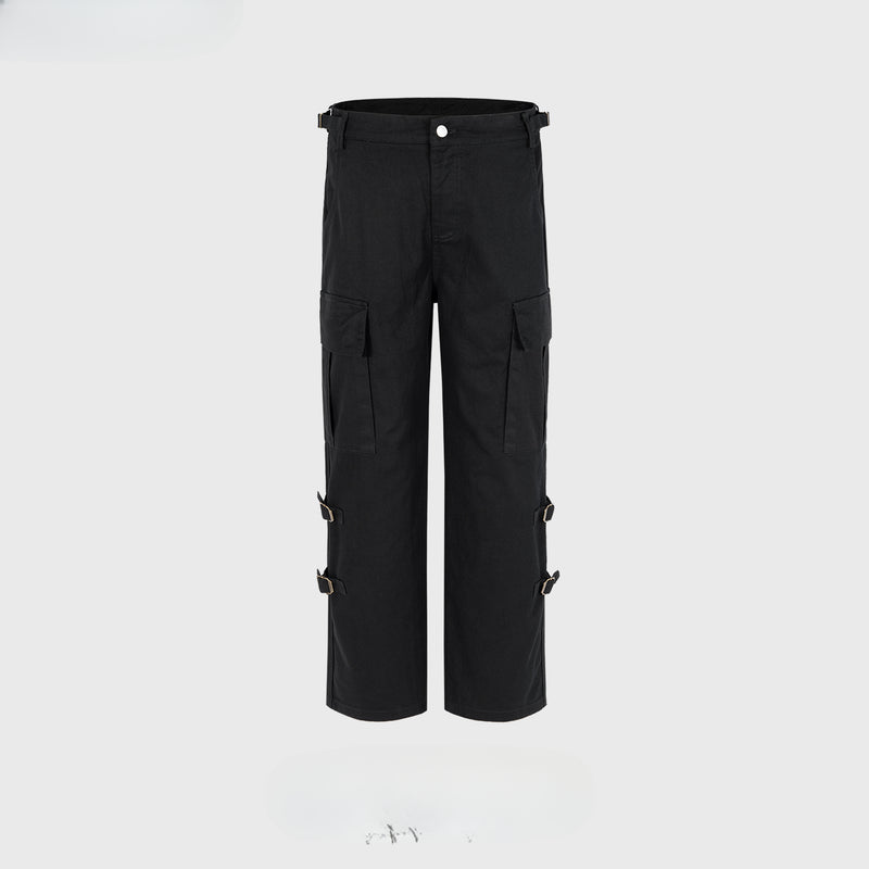 MIJKO Men's Vintage Pants MIJKO Men's Women's Functional Buckle Trousers Straight High Street Casual Pants