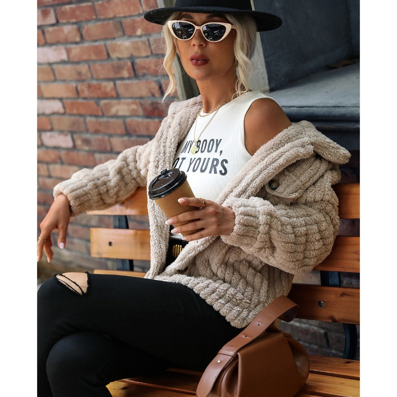 Women Trench Coat Double-Sided Velvet Long Sleeve Lapel Breasted Solid Color Mid-Length Plush Coat