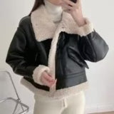 Women Leather Jacket Foreign Trade Locomotive Short PU Leather Faux Lamb Fur Coat