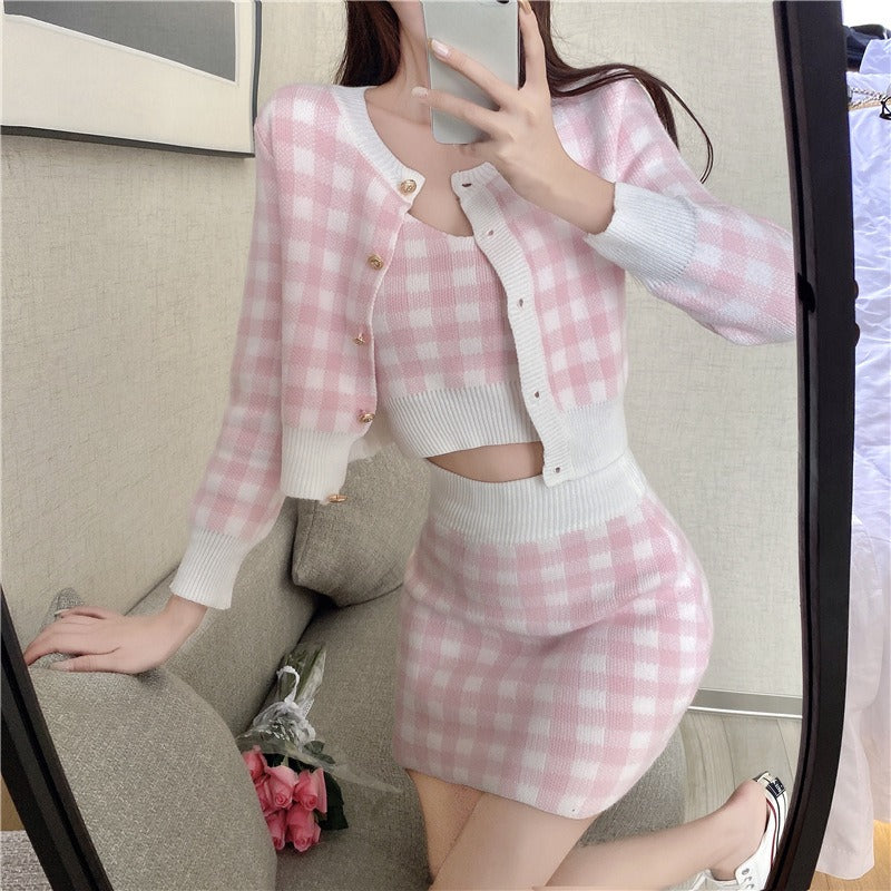 Women Maxi Dress Spring and Autumn Cardigan Sheath Skirt V-neck Strap Plaid Knitted Three-Piece Set