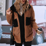 Women Trench Coat Autumn Lapel Long Sleeve Color Matching Double-Sided Velvet Mid-Length Loose Casual Jacket