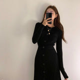 Women Maxi Dress Autumn Single-Breasted Mid-Length Knitted Long-Sleeved Dress