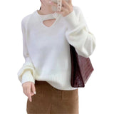 Women Knitwear Autumn Winter Retro Hollow round Neck Sweater Loose Sweater
