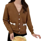 Women Knitwear Autumn and Winter Bow Pocket Sweater Loose Knitted Cardigan