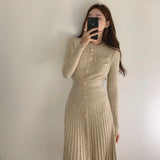 Women Maxi Dress Autumn Single-Breasted Mid-Length Knitted Long-Sleeved Dress