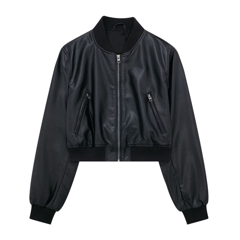 Women Leather Jacket Autumn Vintage Zipper O-neck Short Leather Coat