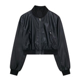 Women Leather Jacket Autumn Vintage Zipper O-neck Short Leather Coat