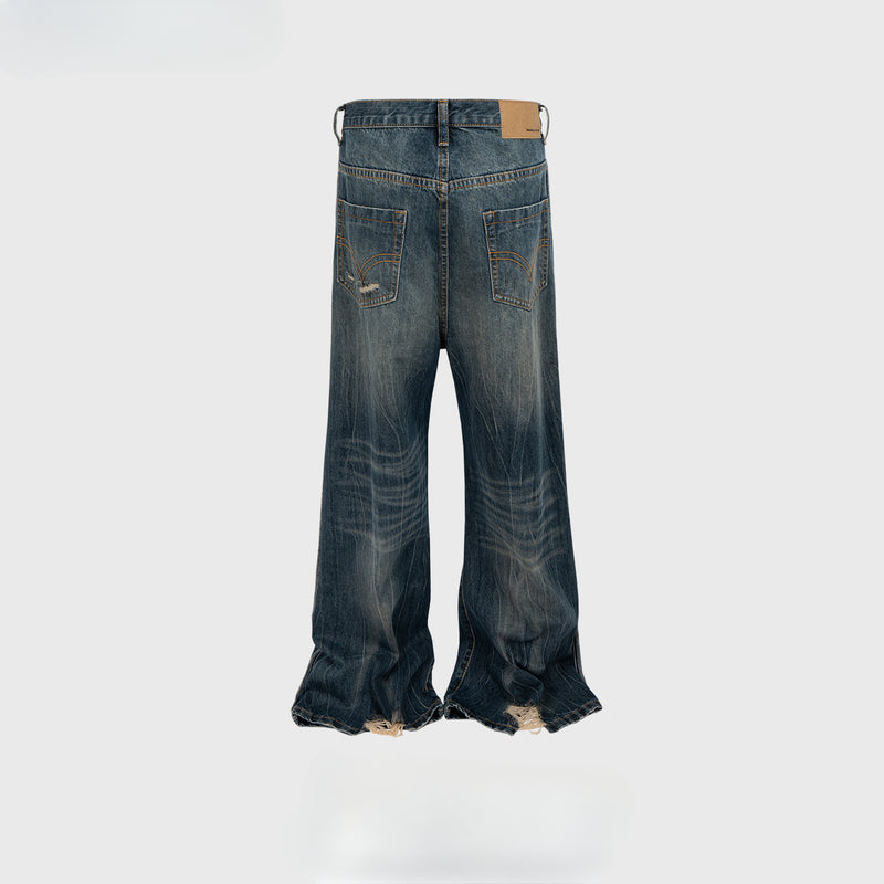 MIJKO Men Vintage Pants MIJKO Washed Textured Jeans Old Micro-horn Wide Foot Splicing