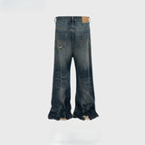 MIJKO Men Vintage Pants MIJKO Washed Textured Jeans Old Micro-horn Wide Foot Splicing