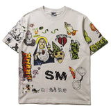 Hip-hop t-shirts: american kanye-style trendy high street graffiti print short sleeve couple's loose-fit cartoon tee