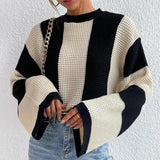 Women Knitted Sweater Spring and Autumn Knitted Sweater Top round Neck Striped Coat