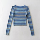 Women Sweater Knitwear Autumn Sexy Square Collar Striped Knitted T-shirt Long Sleeve Sweater