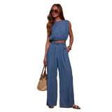 Women's pants: european and american style, autumn/winter hot seller, amazon bestseller, casual & unique denim bandeau top & braided rope wide-leg pants set