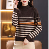 Women Knitted Pullover Autumn and Winter Knitting Slim-Fit Turtleneck Striped Sweater