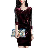 Women Maxi Dress Autumn Winter Retro Velvet V-neck Sheath Dress