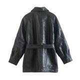 Women Leather Jacket Autumn Locomotive Jacket Mid-Length Retro Oversize Baggy Coat
