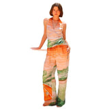 Women's pants - european & american style export - printed casual v-neck tie-up tank top & high-waisted printed wide-leg pants set for women