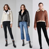 Women Leather Jacket Lapel Fur Integrated PU Leather Coat Autumn and Winter Fleece-Lined Leather Jacket Motorcycle Jacket