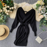 Women Maxi Dress Autumn Winter Sexy Long Sleeve V-neck Knitted Sheath Dress
