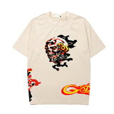 Hip-hop t-shirts: american high street hip-hop flame skull print short sleeve vintage distressed loose fit tee