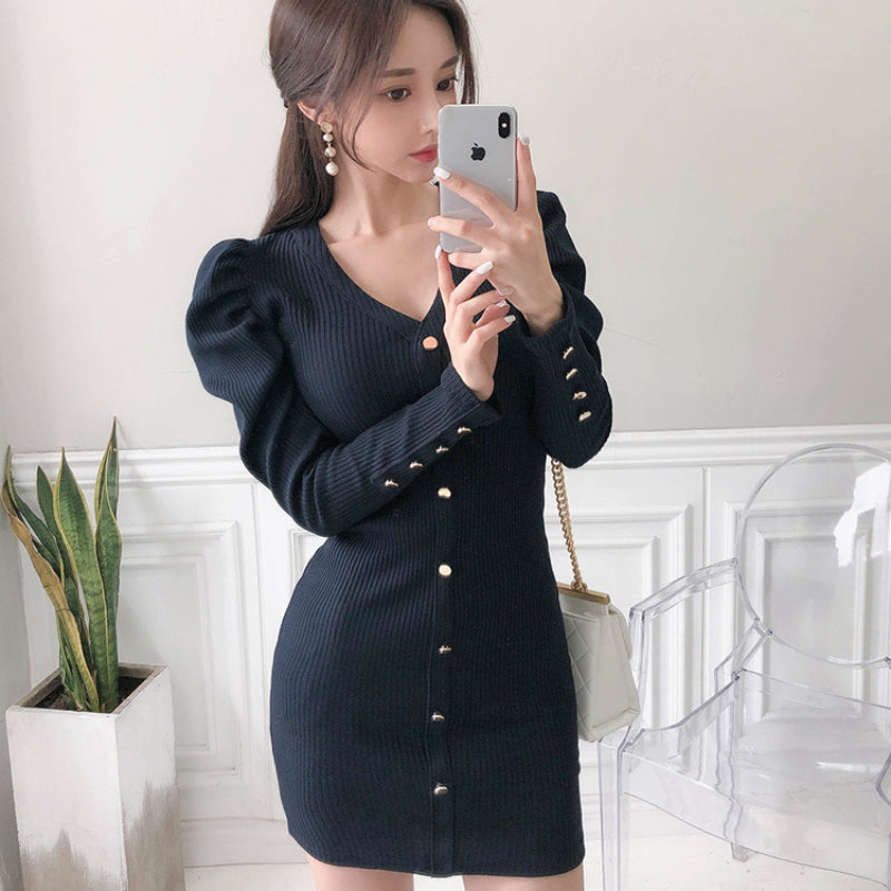 Women Maxi Dress Autumn and Winter V-neck Slim-Fit Single-Breasted Knitted Sheath Dress