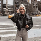 Women Leather Jacket Fall/Winter Leather Jacket Coat Loose Lapels PU Leather Motorcycle Leather Coat