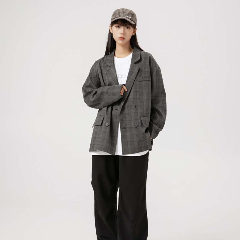 Unisex Jacket Autumn Plaid Double Breasted Suit