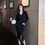 Women Maxi Dress Autumn and Winter V-neck Long Sleeve Narrow Long Slit Dress