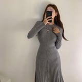 Women Maxi Dress Autumn Single-Breasted Mid-Length Knitted Long-Sleeved Dress