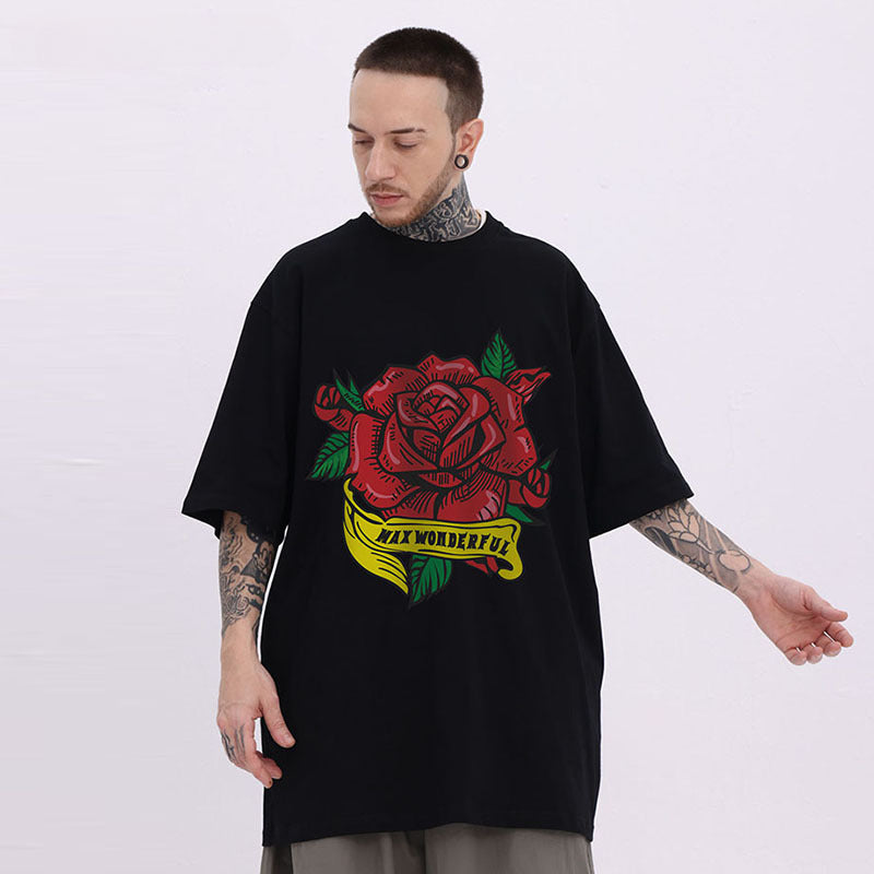 Men T Shirt Vintage Rose Print Couple Short Sleeve T-shirt