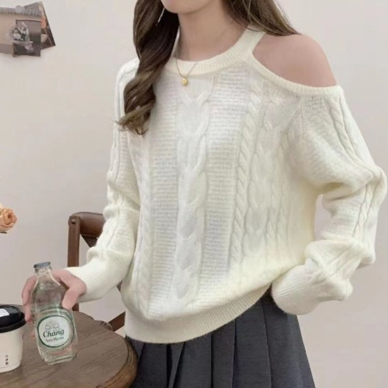 Women Knitwear Fall/Winter Hollow out Shoulder-Baring Knitwear Loose Sweater