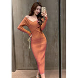 Women Maxi Dress Autumn Winter Sexy Long Sleeve Slim Knit Long Dress