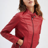 Red Leather Jacket Spring and Autumn Coat Women's Motorcycle Clothing Stand Collar Leather Jacket