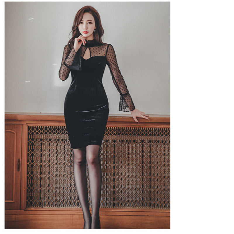 Women Maxi Dress Spring and Autumn Hip Skirt Mesh Long Sleeve Velvet Dress