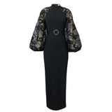 Harlem Night Attire Stand Collar Lace Lantern Sleeve Dress