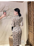 Women Maxi Dress Autumn Winter Retro Gold Velvet Sheath Cheongsam Long Sleeve Dress