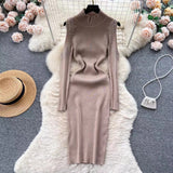 Women Maxi Dress Spring and Autumn Turtleneck Knitting Hip Skirt