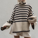 Women Sweater Knitwear Autumn Loose Black and White Striped Top Turtleneck Base Knitwear Sweater