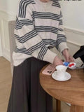 Women Knitted Pullover Vintage Stripe Sweater Loose Autumn and Winter round Neck Knitted Top
