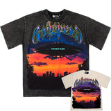 Hip-hop t shirts american high street alien flying saucer printing washed distressed loosecasual short-sleeved t-shirt topstee