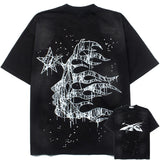 Hip-hop t-shirts: american high street hip-hop retro flame starry sky summer washed distressed trendy casual short-sleeve tee