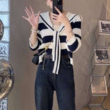 Women Knitwear Autumn and Winter Striped Sailor Collar Sweater Women's Knitted Cardigan